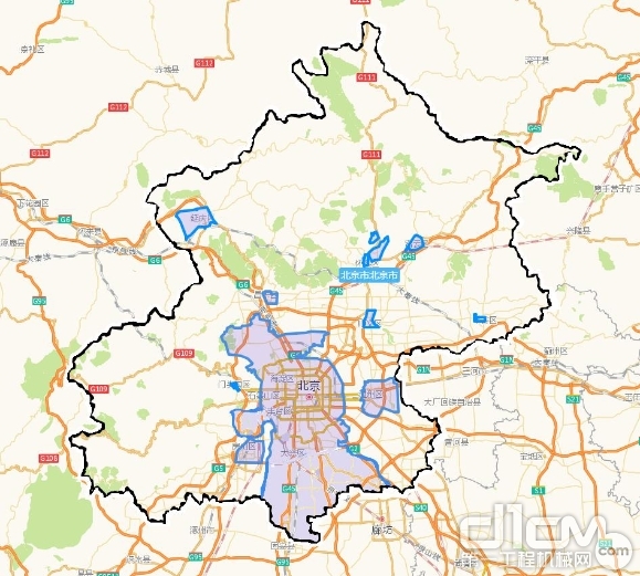黑色边界内部为本市行政区域；蓝色边界内部（颜色加深部分）为低排放区域